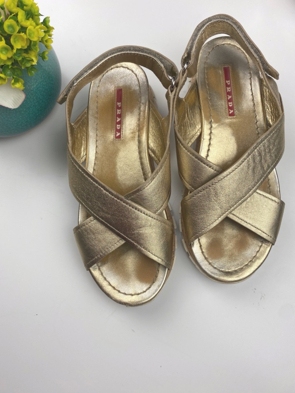 Prada Gold Leather Platform Sandals Sz 6